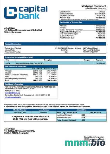 Kirgistan Bank Capital wyciąg z kredytu hipotecznego szablon Word i PDF